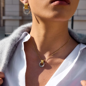 Titanium steel jewelry set with layered triple-ring pendant necklace and hoop earrings