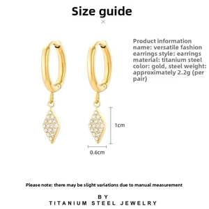 Size chart showing 1cm pavé diamond heart charms on gold stainless steel hoop earrings