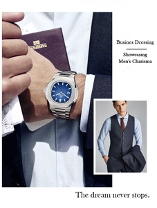 Slim business steel watch for men with blue textured dial and calendar on wrist