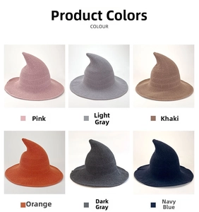 Detailed grid showing 6 different colors of foldable knitted pointed witch hats