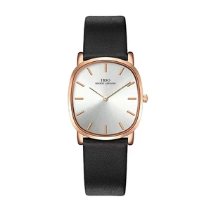 Slim men's casual watch with rose gold tonneau case and black leather strap