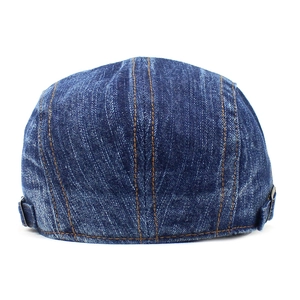 Blue denim flat cap for men and women featuring yellow stitching and adjustable metal buckle