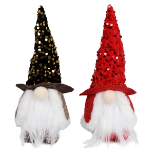 Lighted Christmas gnomes with gold and red sequins on white background