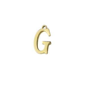 Detailed close-up of a polished gold letter G pendant made of premium stainless steel