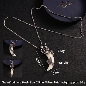 Retro stainless steel dragon pendant necklace with acrylic tooth design in black gift box