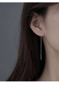 Minimalist S925 sterling silver T-bar long drop earrings worn on a female model