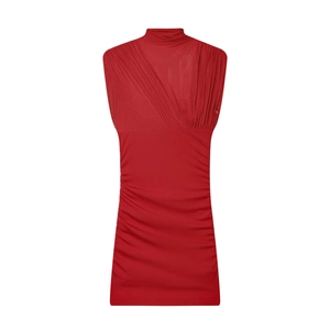Sleeveless red mesh bodycon dress featuring a chic high collar and elegant ruched details