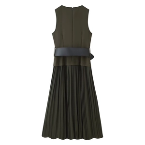 Deep olive green sleeveless pleated midi dress with black wide belt shown from back view