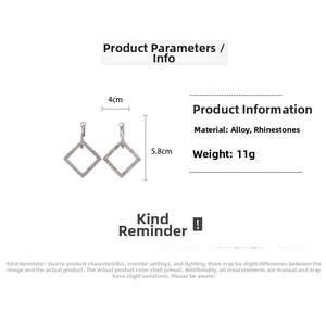 Detail view of silver geometric square drop earrings with rhinestone dimensions 5.8x4cm