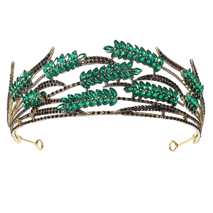 Elegant gold crown with green rhinestones and black crystals for bridal wedding attire