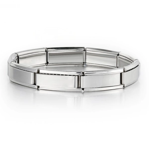 Polished silver stainless steel modular link bracelet with mirror finish on white background