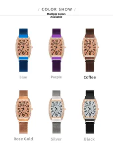 Collection of women's tonneau-shaped diamond watches with Milanese magnetic straps