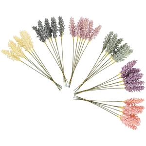 Macro detail of artificial wheat ear flower bundles in six assorted colors