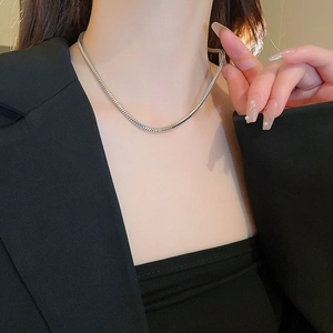 Minimalistische silberne Schlangenkette mit Hochglanz-Metallfinish am Halsmodell