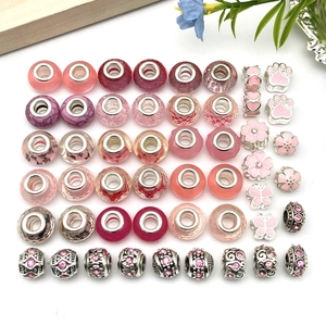 Mix of 50 pink series large hole beads with crystals and enamel for DIY jewelry making