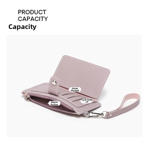 Detail view of lavender leather wallet capacity with card slots and zipper pocket