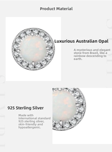 Close-up of S925 sterling silver opal stud earrings featuring a halo of white zircons