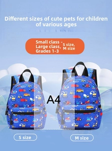 Size comparison of blue cartoon construction vehicle backpacks for school kids