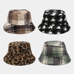 Sherpa Fleece Bucket Hat Winter Warm Windproof Vintage Plaid Leopard Print Teddy Velvet Thick Basin Cap For Women