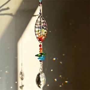 Hanging tree of life leaf crystal suncatcher with colorful chakra stones and prisms