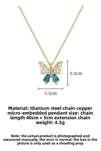 Detailed view of titanium steel necklace with blue butterfly pendant and dimensions