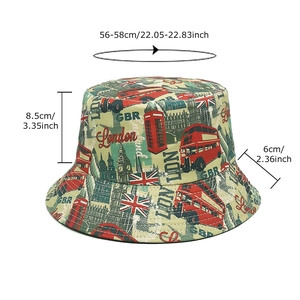 London themed digital print bucket hat featuring iconic red bus and Big Ben graphics
