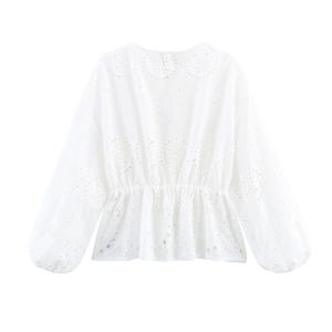 Elegant white French style blouse with eyelet embroidery and puff sleeves