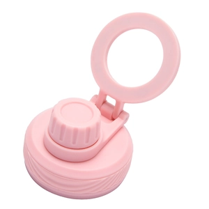Detailed close-up of pink insulated water bottle lid with integrated ring handle and grip