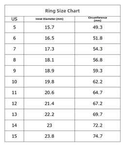 Detailed international ring size chart showing inner diameter and circumference for US sizes