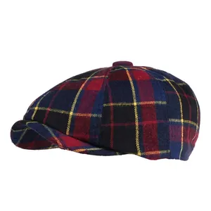Vintage Plaid Newsboy Cap For Men Women British Octagonal Beret Hat Warm Woolen Corduroy Cotton Painter Cabbie Flat Hat