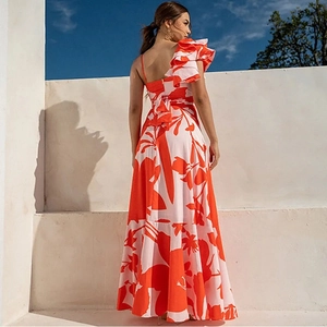 Floral print one-piece swimsuit with ruffle shoulder and back tie design for women