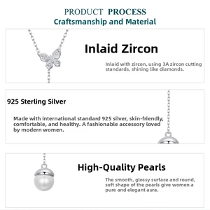Detail of s925 silver butterfly necklace featuring 3A zircon and premium shell pearls