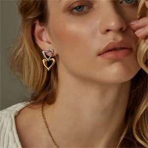 Heart Dangle Earrings Stainless Steel Interlocking Hollow Polished Gold Silver Contrast Color Fashion Jewelry For Women