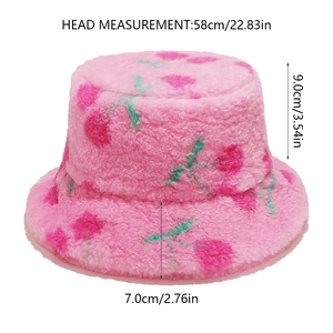 Pink plush bucket hat size guide showing 58cm head circumference and 7cm brim width