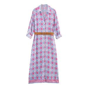 Geometric Floral Print Shirt Dress V Neck High Waist Long Sleeve Belted Maxi Length Elegant Commuter Style For Women