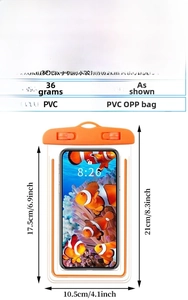 Detailed view of fluorescent orange waterproof phone bag with specific product dimensions