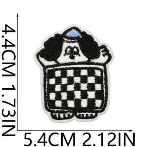 Detailed view of Pochacco dog embroidery patch with size measurements in cm and inches