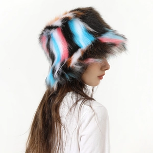 Close-up of a fluffy faux fur bucket hat featuring vibrant rainbow camo patterns