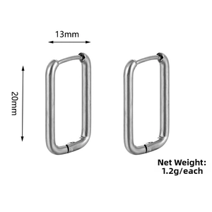 Detail view of silver rectangular hoop earrings with dimensions 13mm by 20mm and 1.2g weight