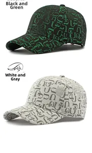 Detailansicht lässiger Baseballkappen in Schwarz-Grün und Weiß-Grau mit Monogramm-Prints
