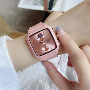 Scottie Fashion Women Quartz Watch Square Dial Moon Phase Display Silicone Strap 30M Waterproof Elegant Lady Wristwatch
