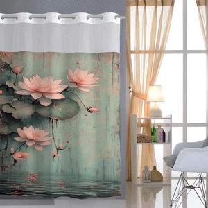 Close-up of abstract floral shower curtain with silver metal grommets and top stitching