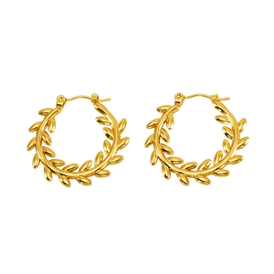 Golden titanium steel olive leaf hoop earrings with a vintage bohemian circular design