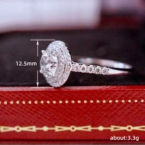 Exquisite halo engagement ring with round zircon and double pave diamonds for women