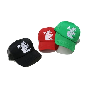 Streetwear trucker caps with flame star embroidery in black, red, and green colors