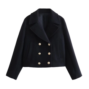 Short black double-breasted wool coat with decorative gold buttons on white background
