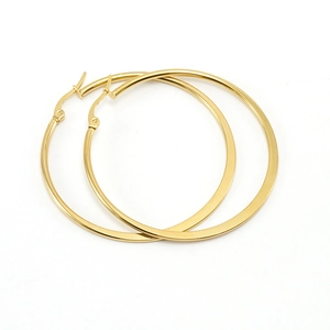 Minimalist polished golden stainless steel hoop earrings for women on white background