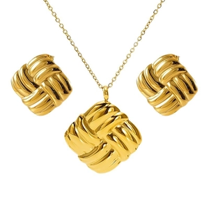 Golden 18K stainless steel jewelry set featuring square woven texture necklace and earrings