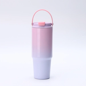 Detailed close-up of 30oz stainless steel tumbler with pink and purple gradient finish