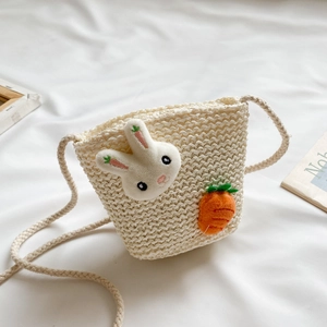 Kinder Stroh Schultertasche Süße Cartoon Plüsch Hase Katze Blume Crossbody Eimertasche Für Mädchen Strand Urlaub